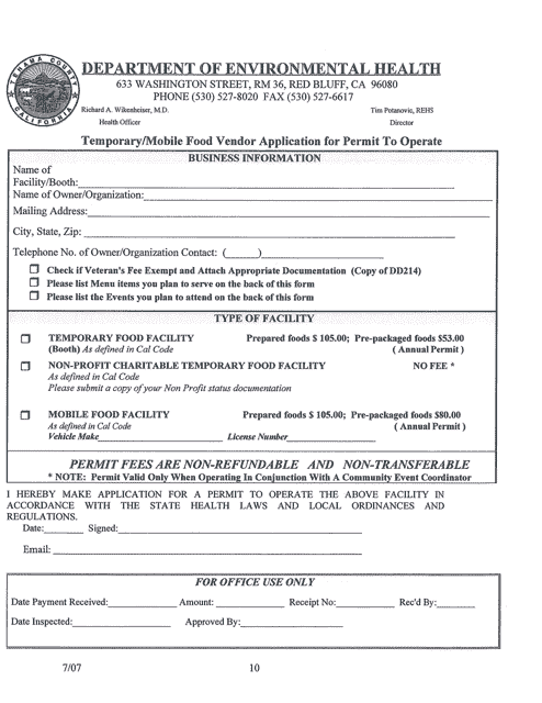 Temporary/Mobile Food Vendor Application for Permit to Operate - Tehama County, California