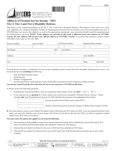 Form F351 Affidavit of Personal Service Income - Tier 3, Tier 4 and Tier 6 Disability Retirees - New York City, 2022