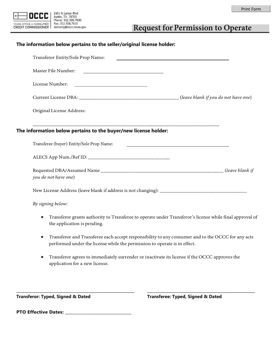 Request for Permission to Operate - Texas, Page 1