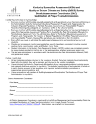 Document preview: Kentucky Summative Assessment (Ksa) and Quality of School Climate and Safety (Qscs) Survey District Assessment Coordinator (Dac) Certification of Proper Test Administration - Kentucky