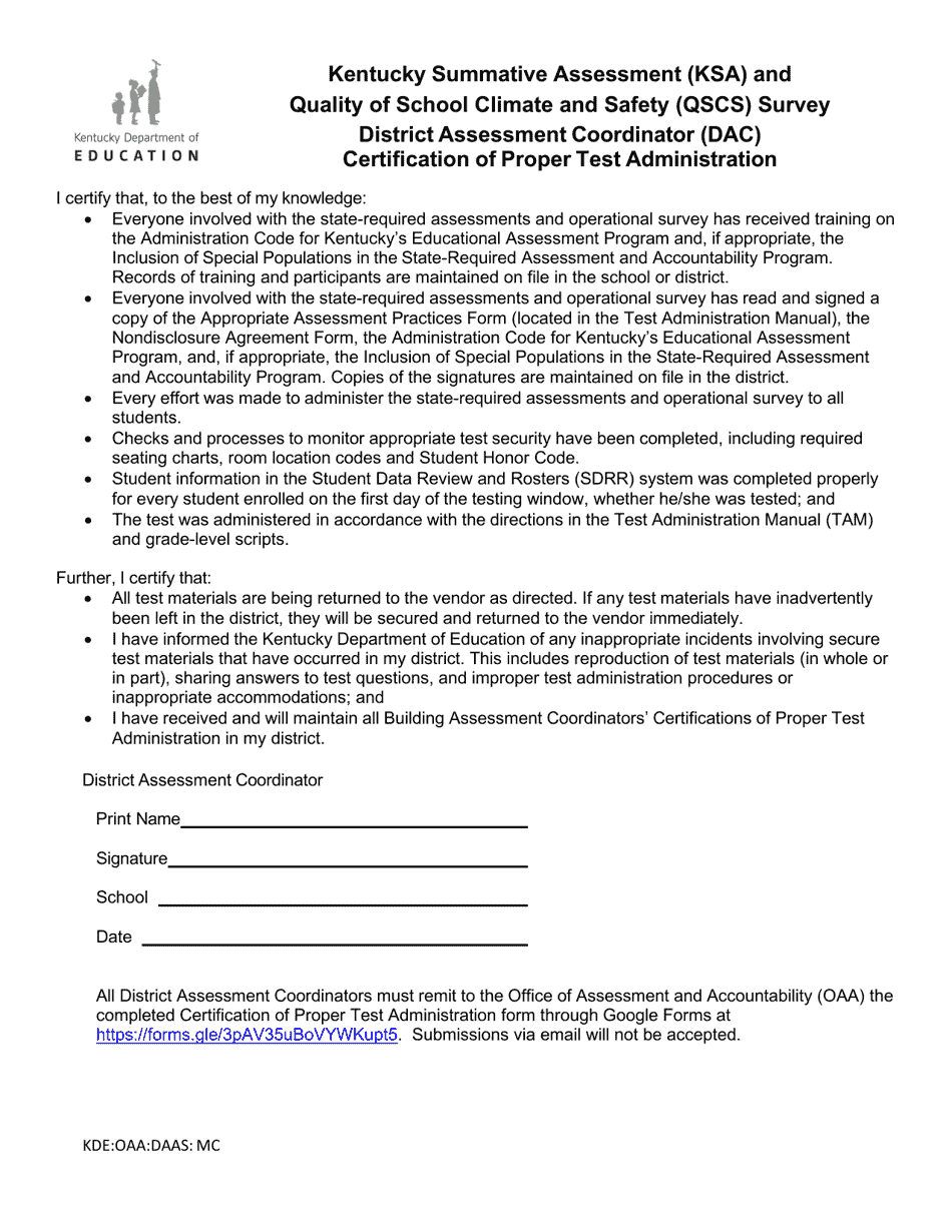Kentucky Summative Assessment (Ksa) and Quality of School Climate and Safety (Qscs) Survey District Assessment Coordinator (Dac) Certification of Proper Test Administration - Kentucky, Page 1