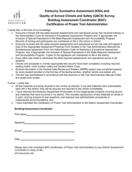 Document preview: Kentucky Summative Assessment (Ksa) and Quality of School Climate and Safety (Qscs) Survey Building Assessment Coordinator (Bac) Certification of Proper Test Administration - Kentucky