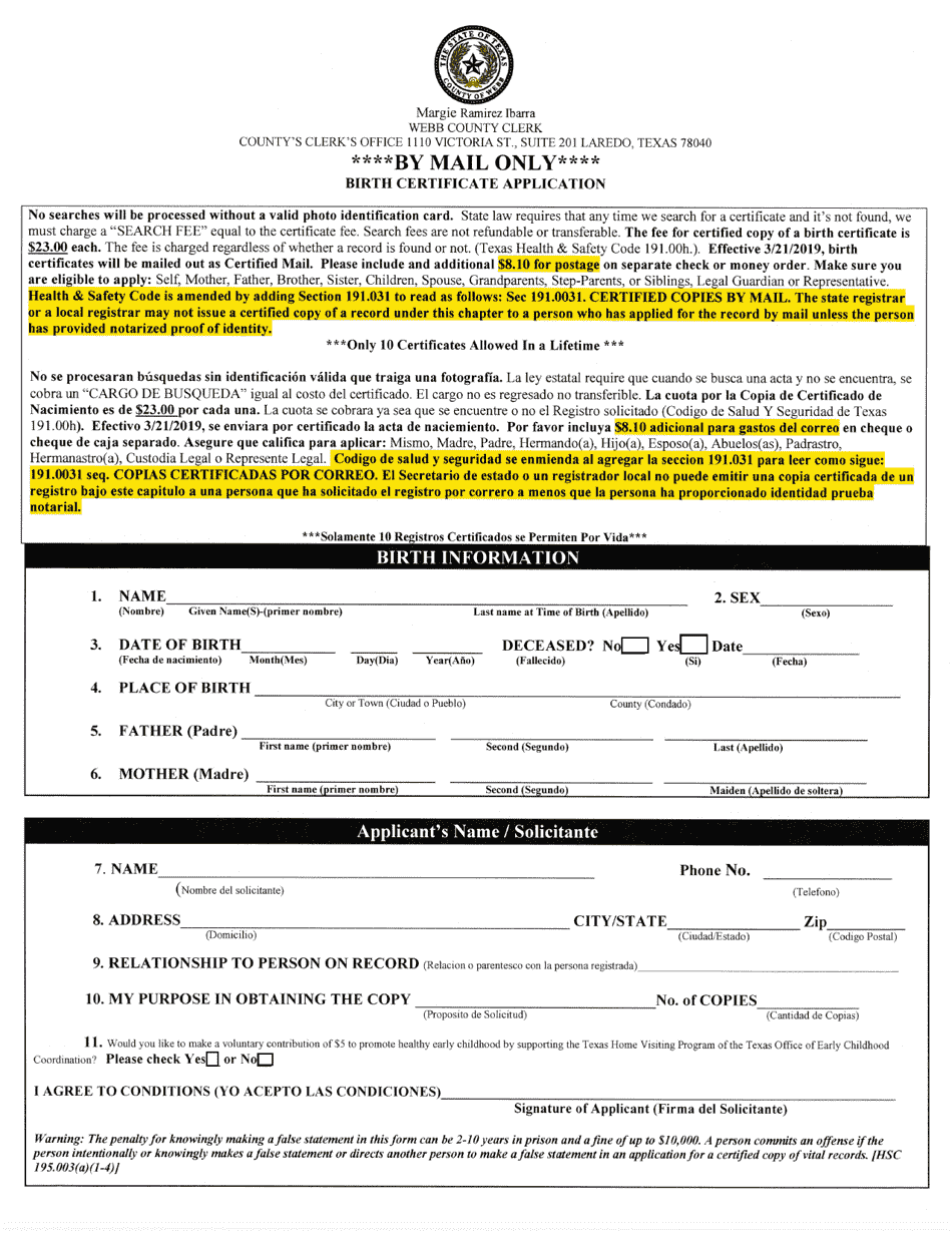Birth Certificate Application (Mail Only) - Webb County, Texas (English / Spanish), Page 1