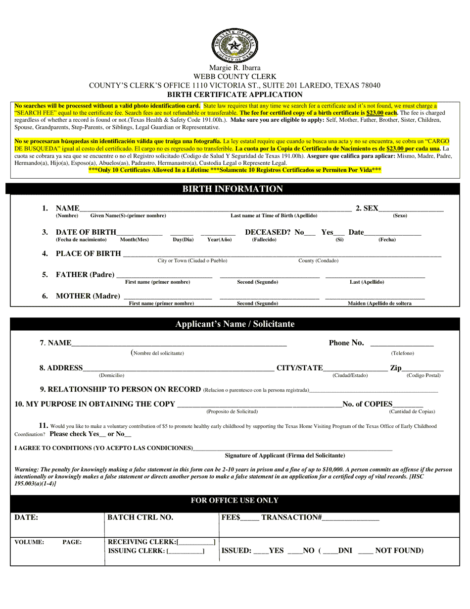 Birth Certificate Application (In Person) - Webb County, Texas, Page 1