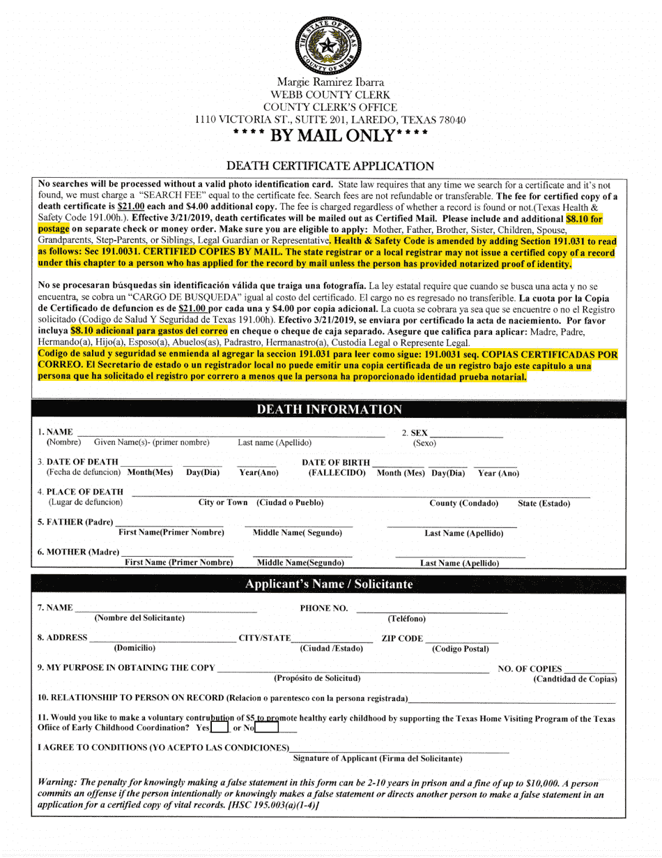 Death Certificate Application (Mail Only) - Webb County, Texas (English / Spanish), Page 1