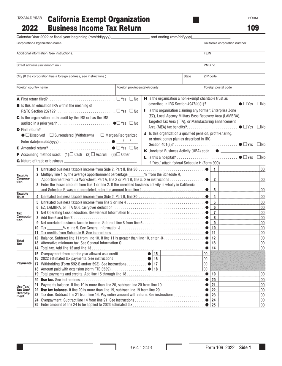 Form 109 California Exempt Organization Business Income Tax Return - California, Page 1