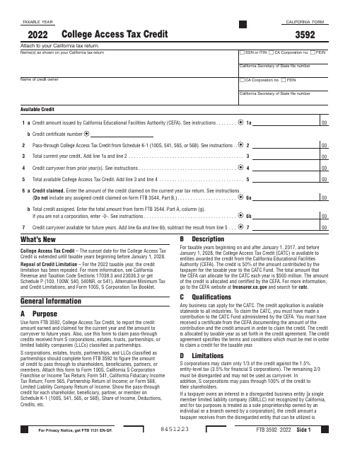 Form FTB3592 College Access Tax Credit - California, 2022