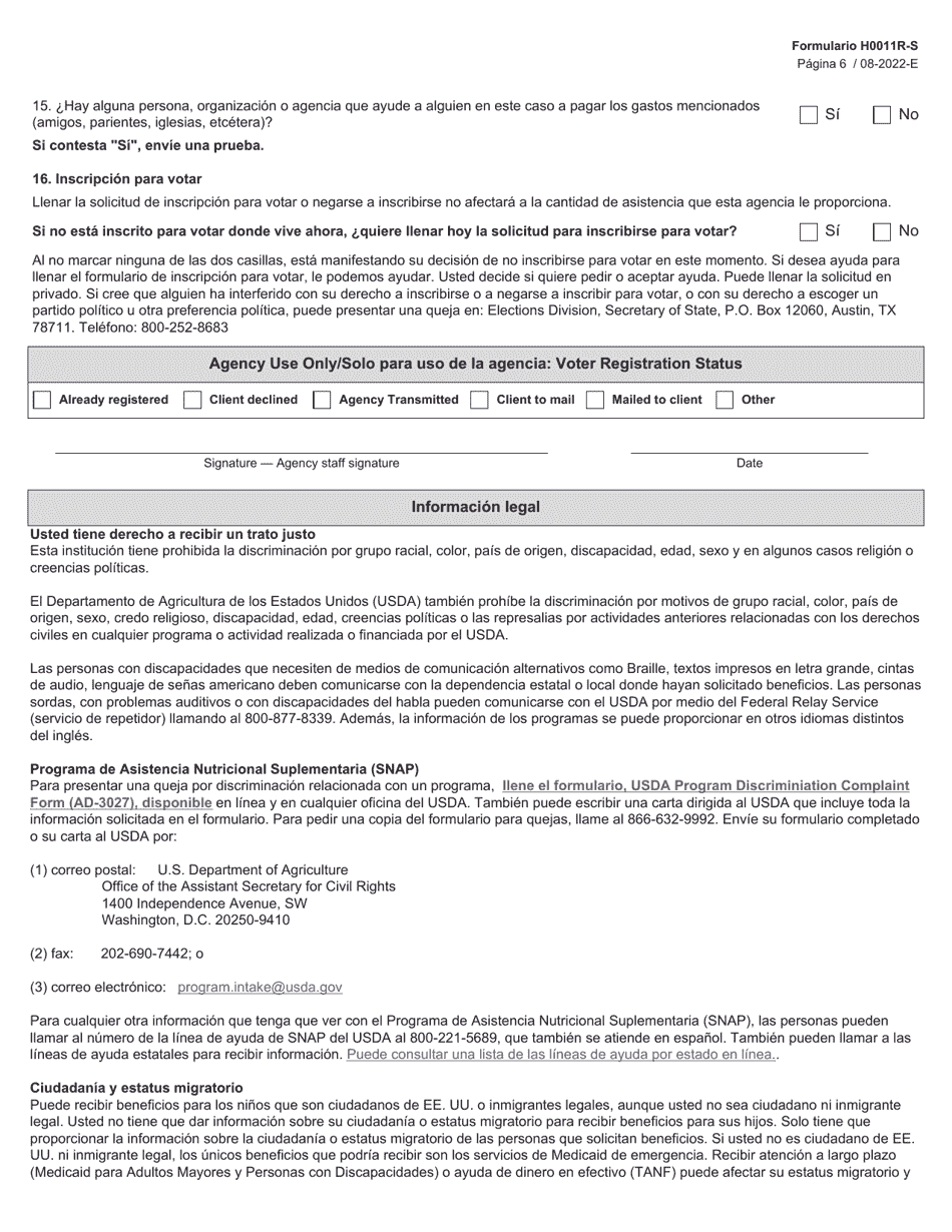Formulario H0011R-S Proyecto De Solicitud Simplificada De Texas Para La Renovacion De Beneficios De Alimentos De Snap - Texas (Spanish), Page 6