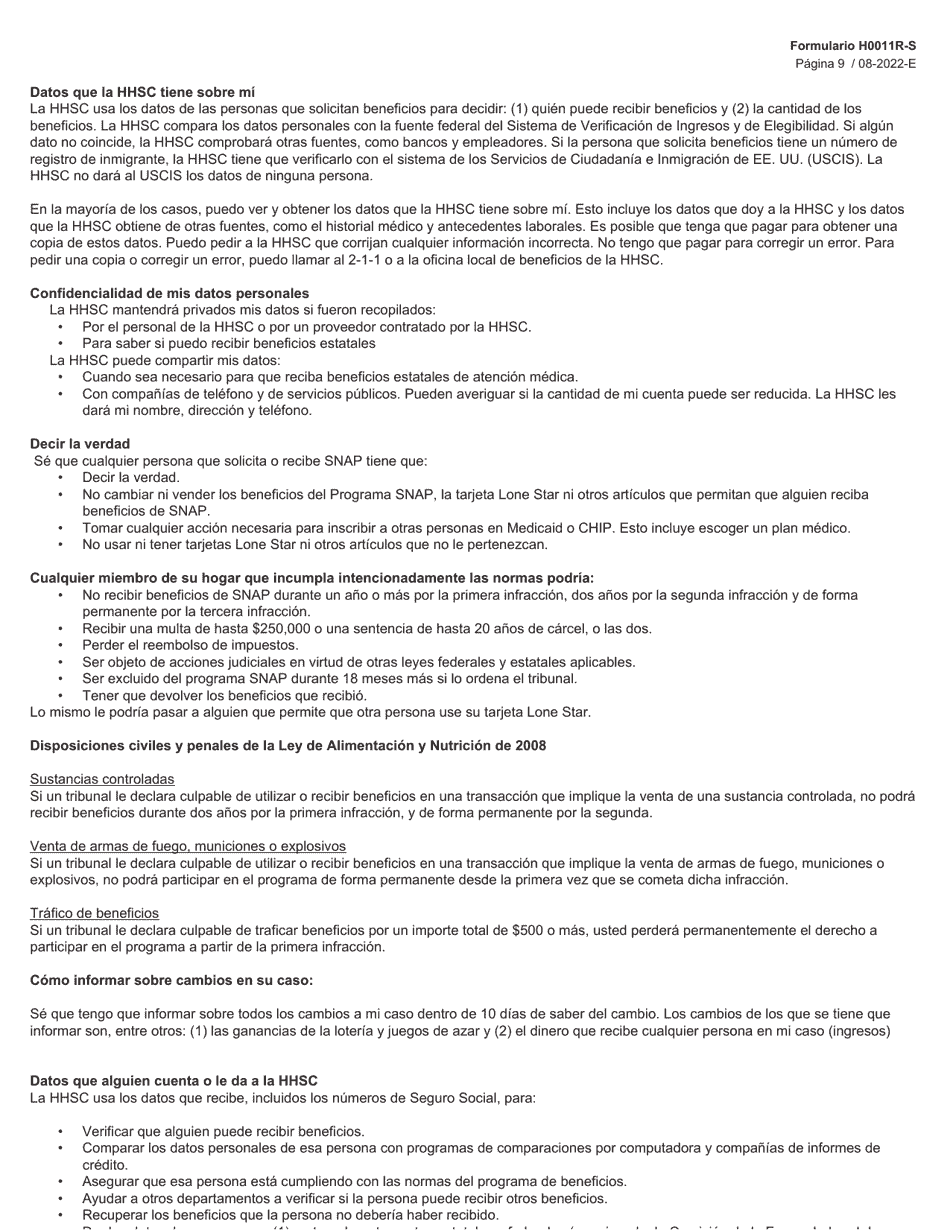 Formulario H0011R-S Proyecto De Solicitud Simplificada De Texas Para La Renovacion De Beneficios De Alimentos De Snap - Texas (Spanish), Page 9