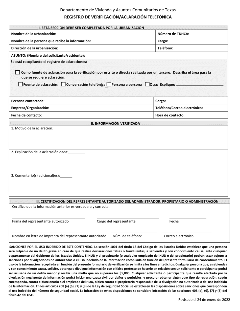 Registro De Verificacion / Aclaracion Telefonica - Texas (Spanish), Page 1