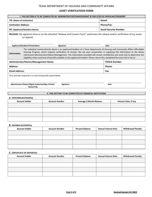 Asset Verification Form - Texas Download Pdf