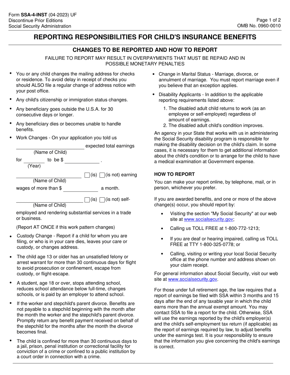 Form SSA-4-INST Reporting Responsibilities for Childs Insurance Benefits, Page 1