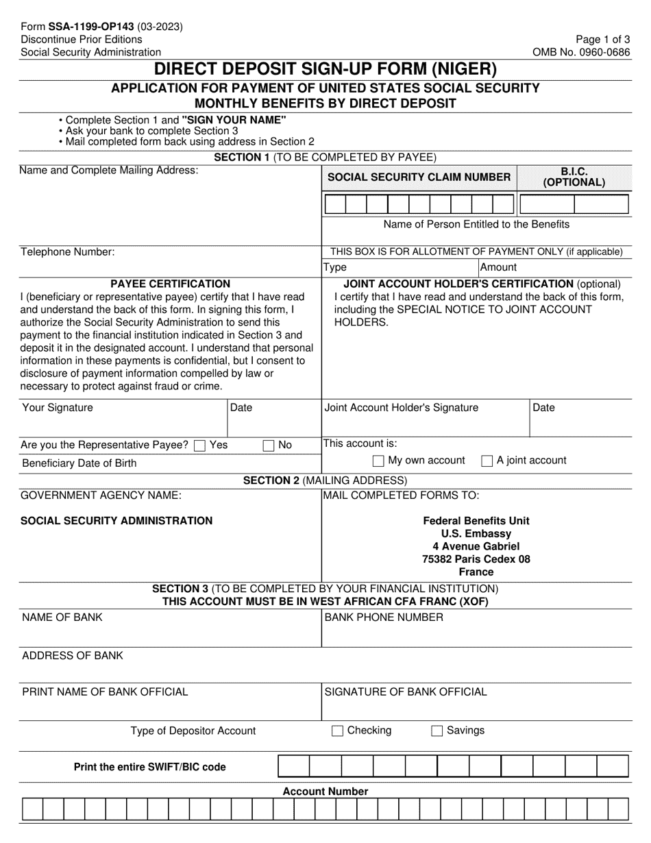 Form SSA-1199-OP143 Direct Deposit Sign-Up Form (Niger), Page 1