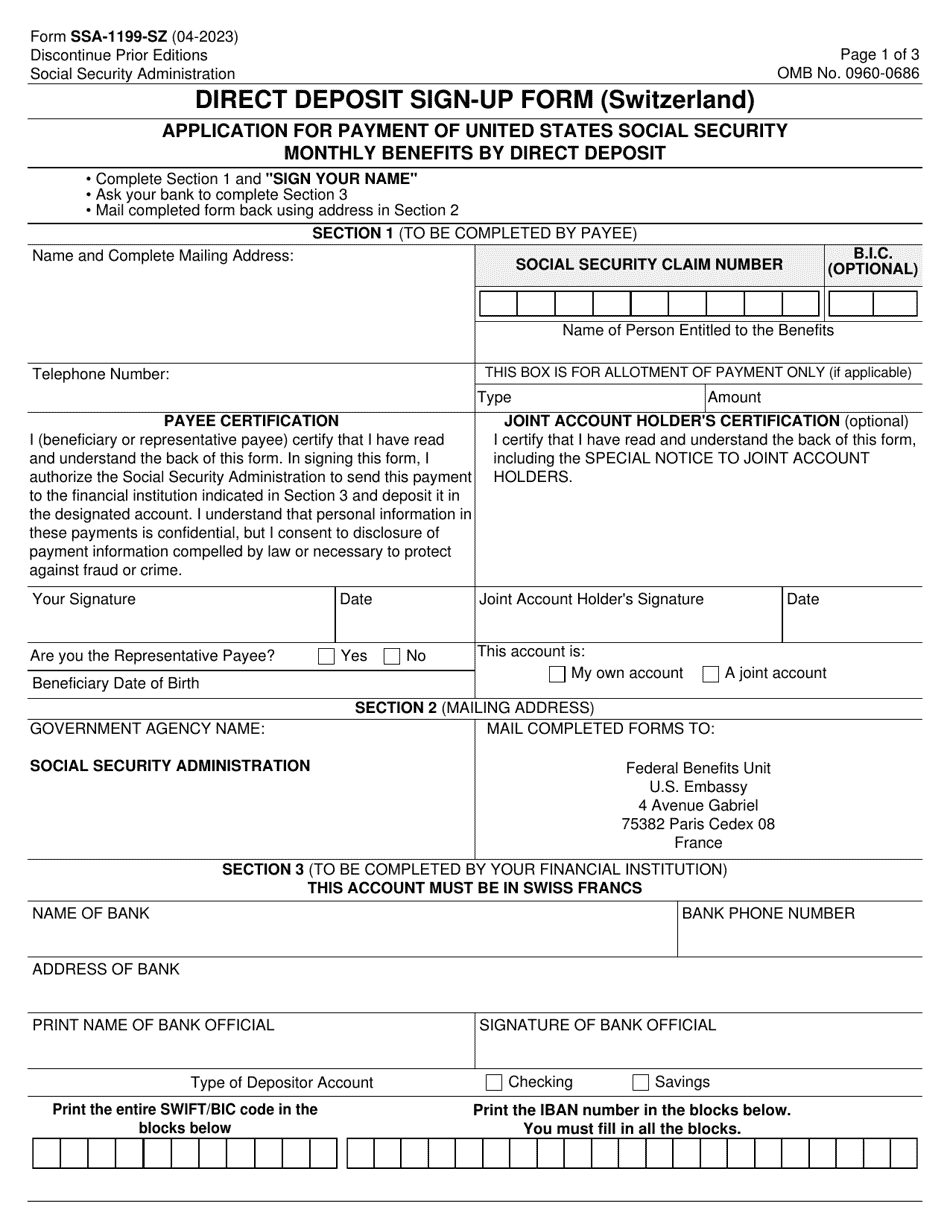 Form SSA-1199-SZ Direct Deposit Sign-Up Form (Switzerland), Page 1