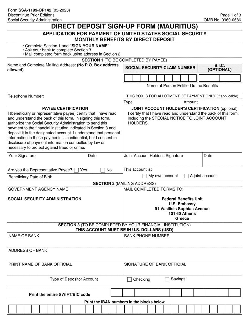 Form SSA-1199-OP142 Direct Deposit Sign-Up Form (Mauritius), Page 1