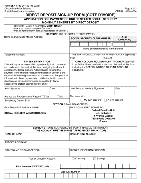 Form SSA-1199-OP139 Direct Deposit Sign-Up Form (Cote D'ivoire)