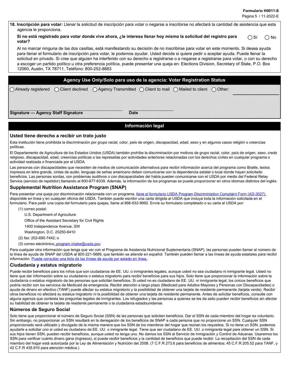 Formulario H0011-S Proyecto De Solicitud Simplificada De Texas (Tsap) Para Beneficios De Alimentos De Snap - Texas (Spanish), Page 5