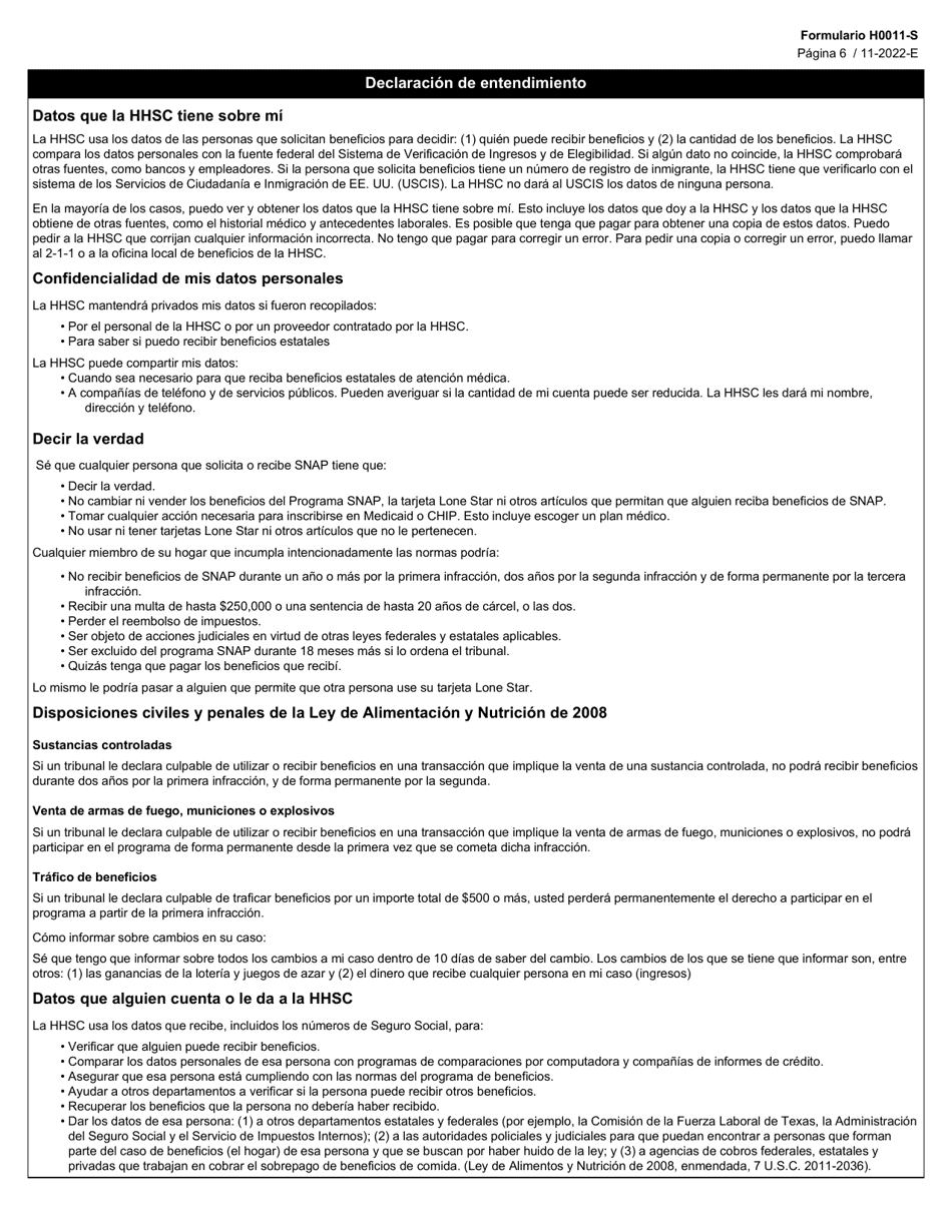 Formulario H0011-S Proyecto De Solicitud Simplificada De Texas (Tsap) Para Beneficios De Alimentos De Snap - Texas (Spanish), Page 6