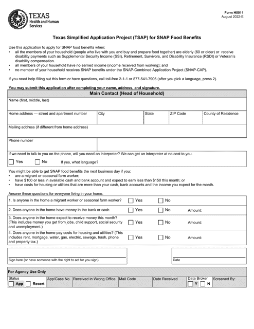 Form H0011 Texas Simplified Application Project (Tsap) for Snap Food Benefits - Texas