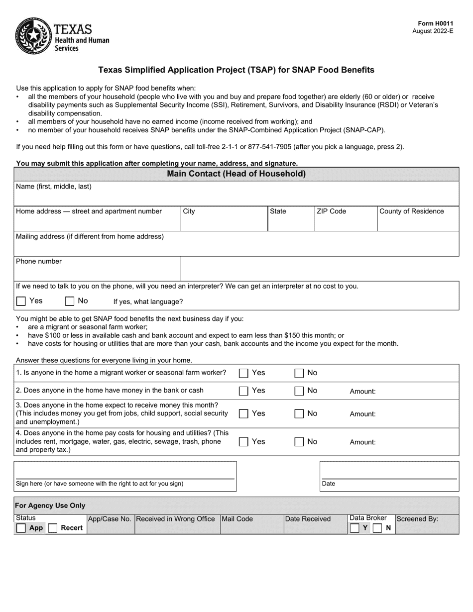 Form H0011 Texas Simplified Application Project (Tsap) for Snap Food Benefits - Texas, Page 1