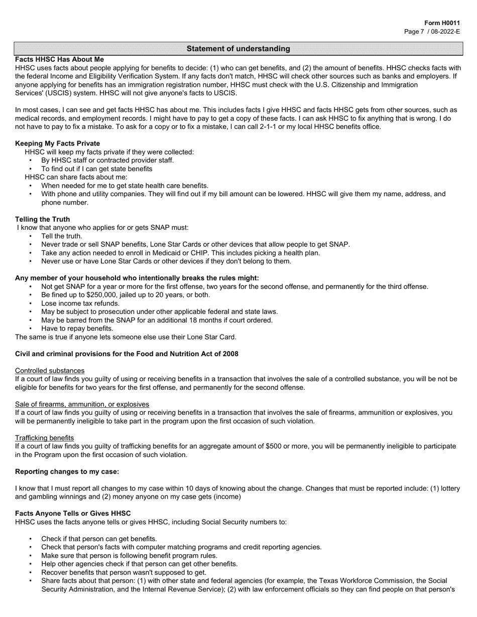 Form H0011 Texas Simplified Application Project (Tsap) for Snap Food Benefits - Texas, Page 7