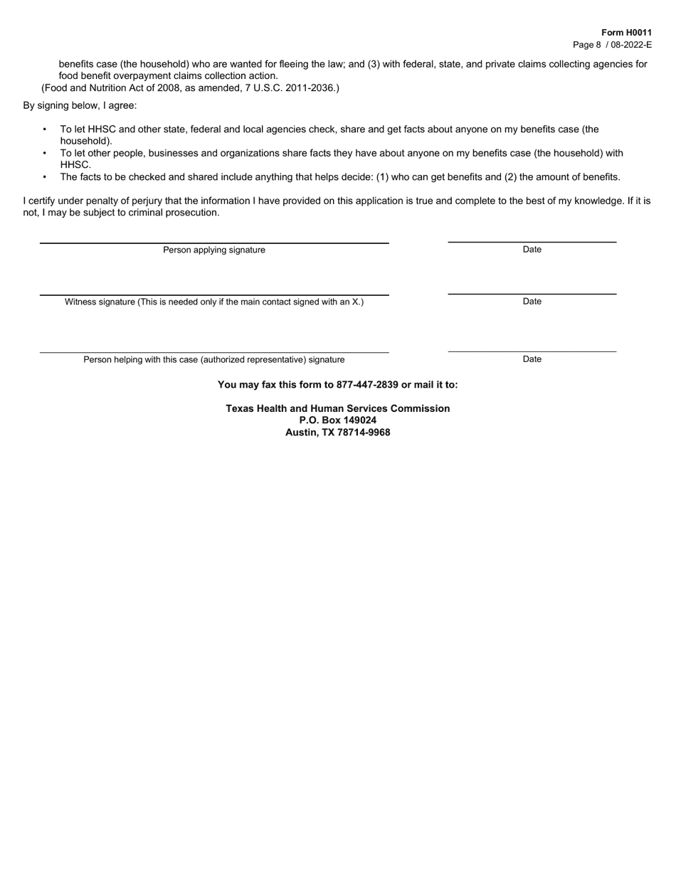 Form H0011 Texas Simplified Application Project (Tsap) for Snap Food Benefits - Texas, Page 8