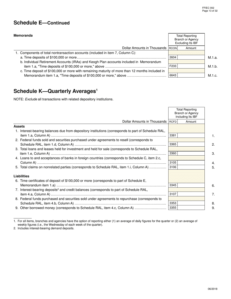 Form FFIEC002 Report of Assets and Liabilities of U.S. Branches and Agencies of Foreign Banks, Page 13