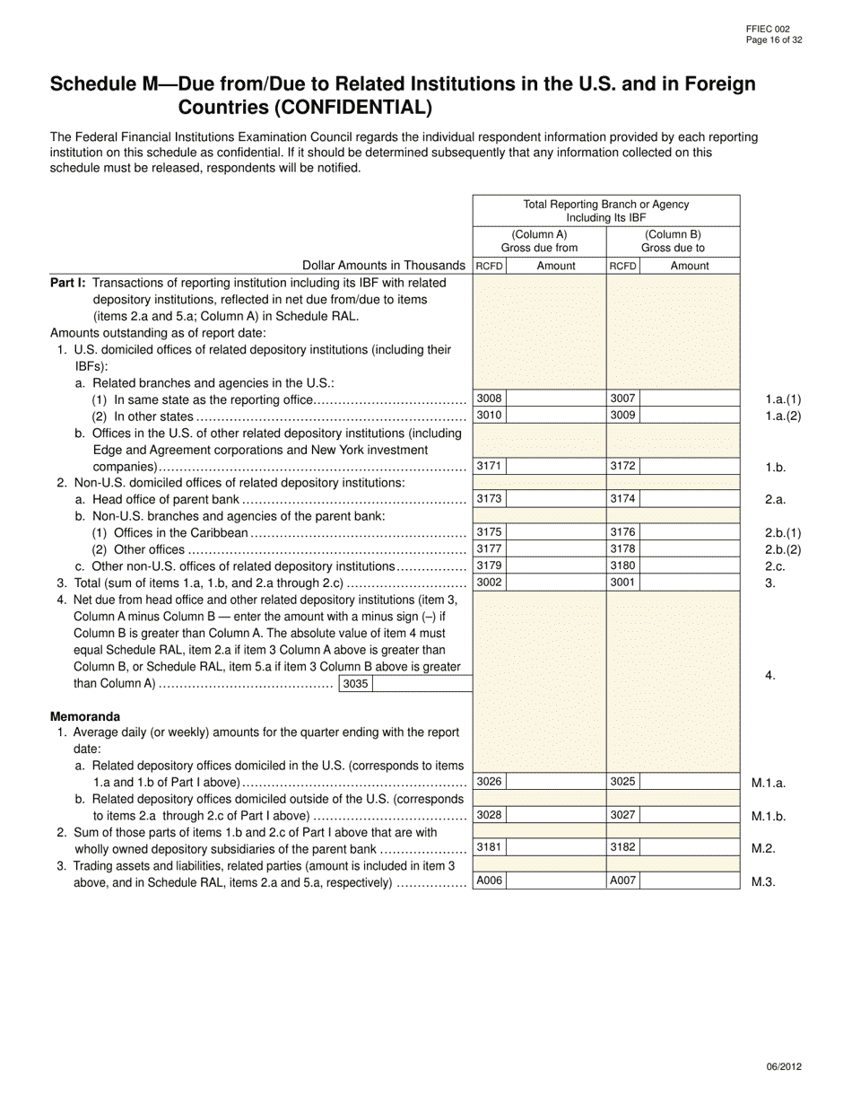 Form FFIEC002 Report of Assets and Liabilities of U.S. Branches and Agencies of Foreign Banks, Page 16