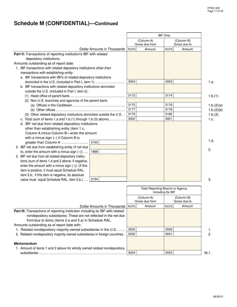 Form FFIEC002 Report of Assets and Liabilities of U.S. Branches and Agencies of Foreign Banks, Page 17