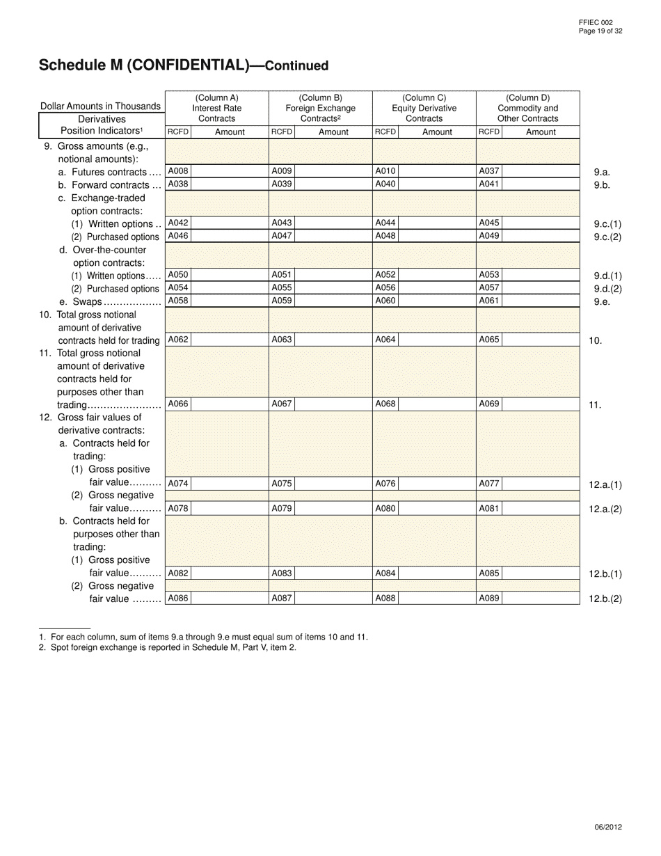 Form FFIEC002 Report of Assets and Liabilities of U.S. Branches and Agencies of Foreign Banks, Page 19