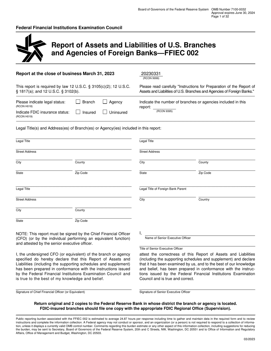 Form FFIEC002 Report of Assets and Liabilities of U.S. Branches and Agencies of Foreign Banks, Page 1