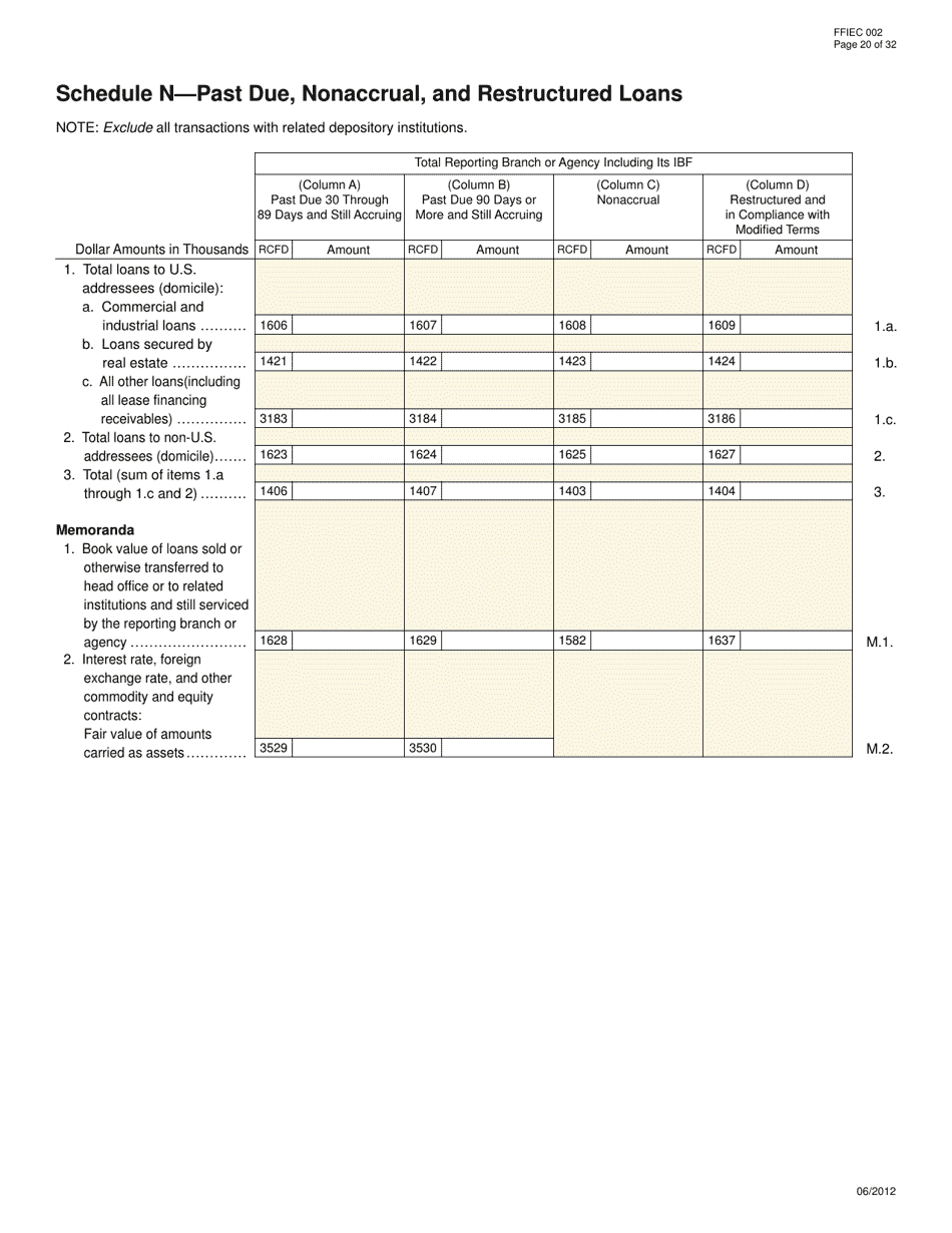 Form FFIEC002 Report of Assets and Liabilities of U.S. Branches and Agencies of Foreign Banks, Page 20