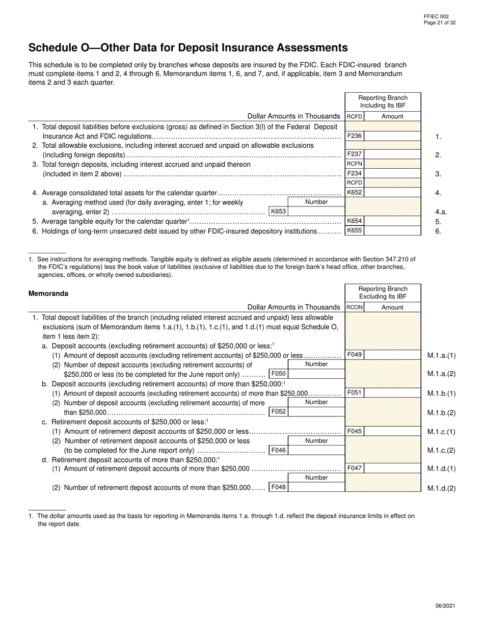 Form FFIEC002 Report of Assets and Liabilities of U.S. Branches and Agencies of Foreign Banks, Page 21