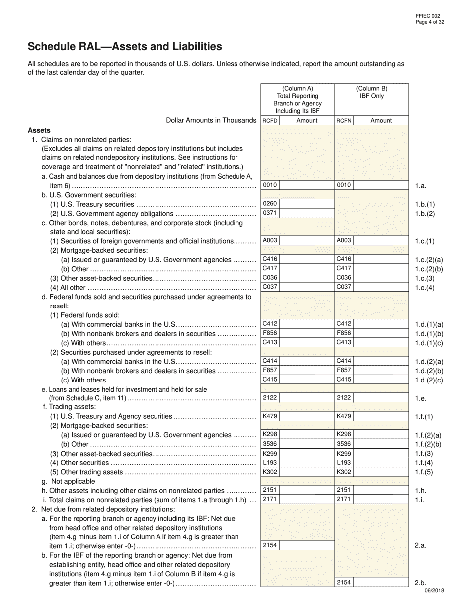 Form FFIEC002 Report of Assets and Liabilities of U.S. Branches and Agencies of Foreign Banks, Page 4