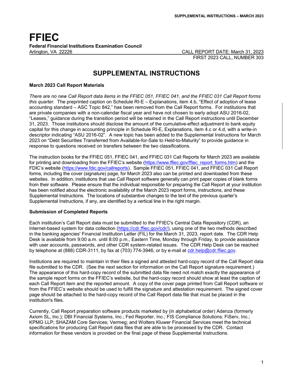 Quarterly Call Report Supplemental Instructions, Page 1