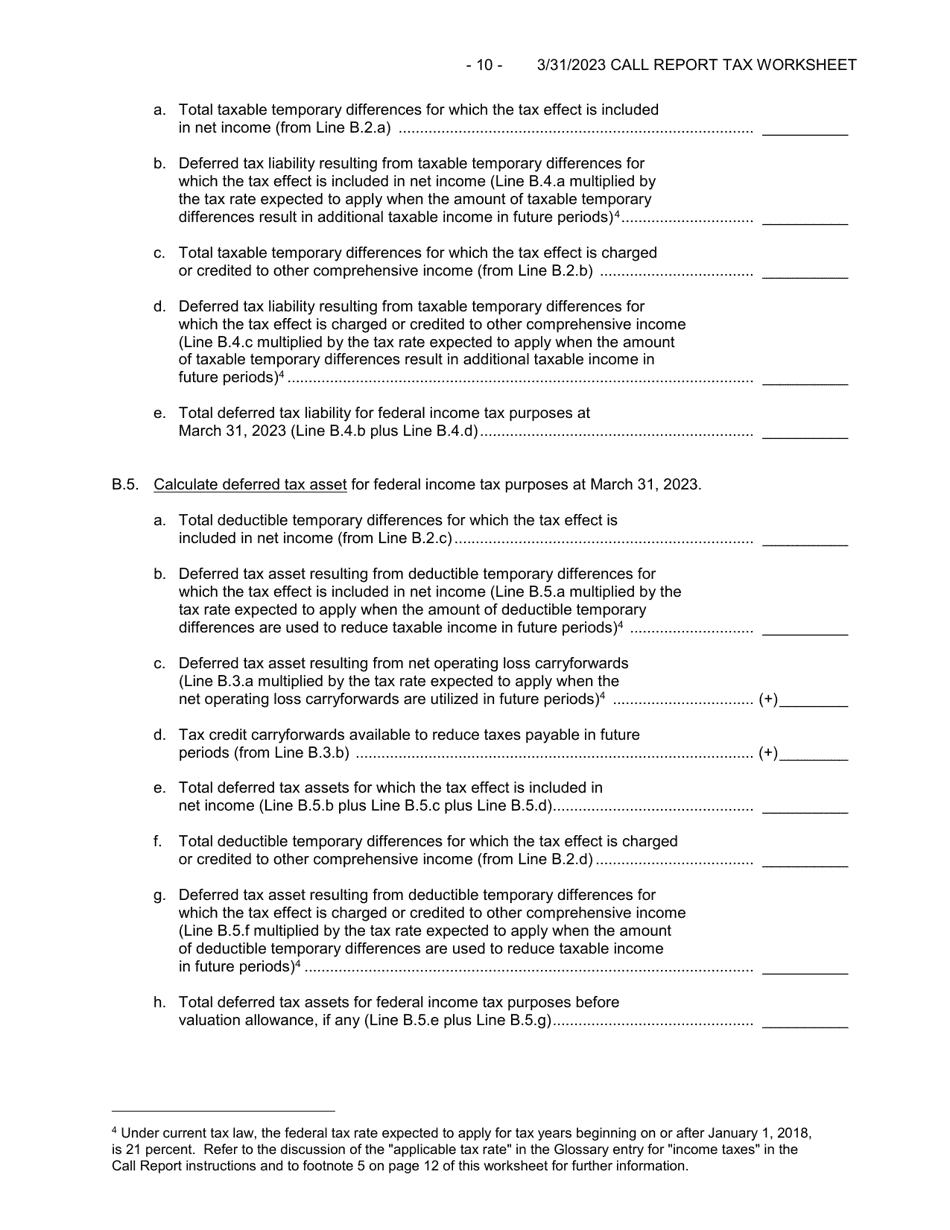 Form FFIEC051 (FFIEC041) Optional Worksheet for Calculating Call Report Applicable Income Taxes, Page 10