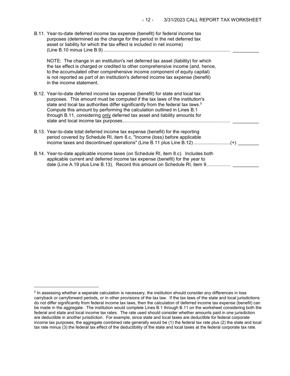 Form FFIEC051 (FFIEC041) Optional Worksheet for Calculating Call Report Applicable Income Taxes, Page 12