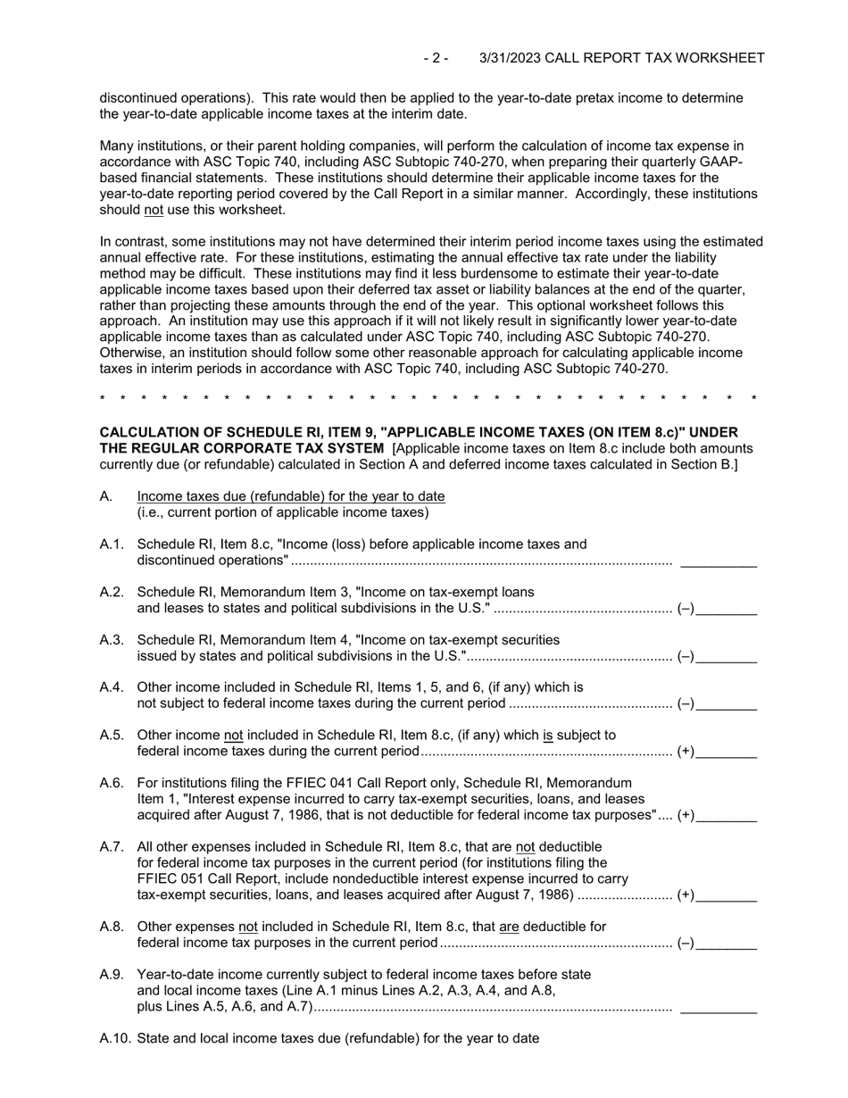 Form FFIEC051 (FFIEC041) Optional Worksheet for Calculating Call Report Applicable Income Taxes, Page 2