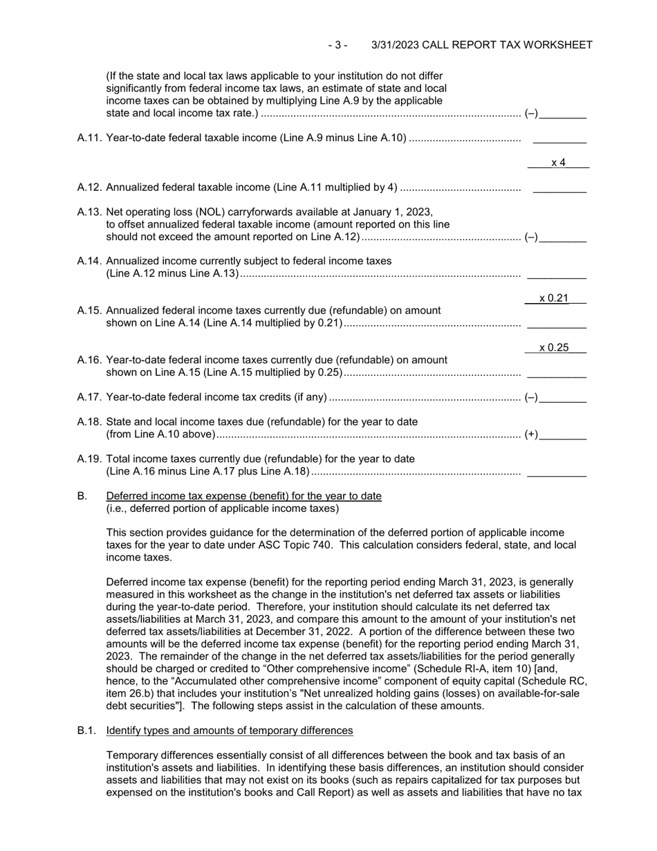 Form FFIEC051 (FFIEC041) Optional Worksheet for Calculating Call Report Applicable Income Taxes, Page 3