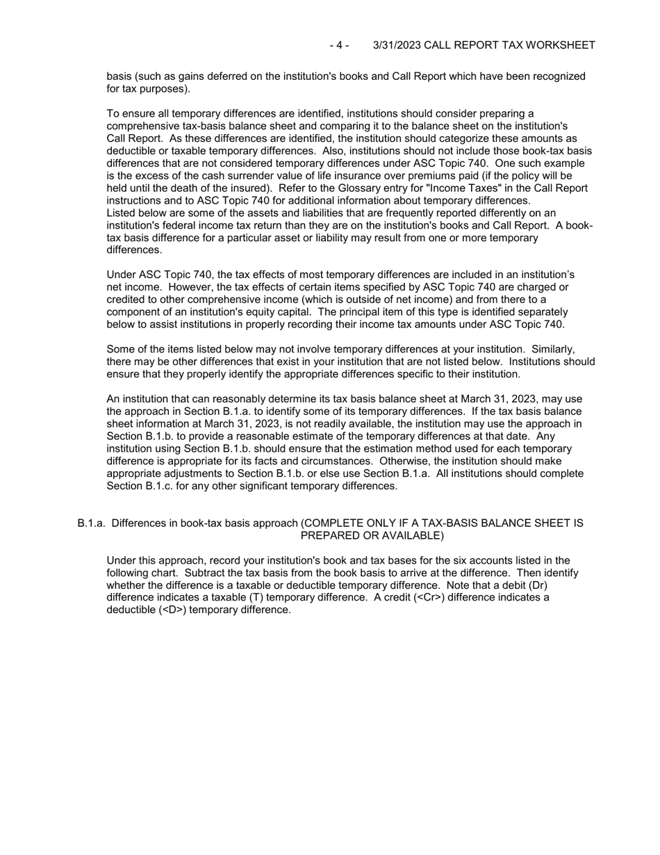 Form FFIEC051 (FFIEC041) Optional Worksheet for Calculating Call Report Applicable Income Taxes, Page 4