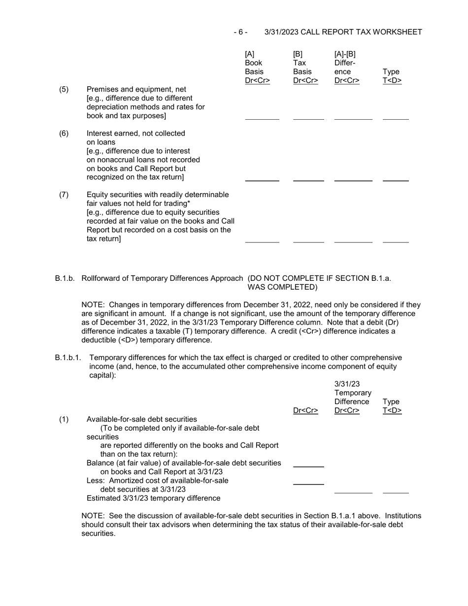 Form FFIEC051 (FFIEC041) Optional Worksheet for Calculating Call Report Applicable Income Taxes, Page 6