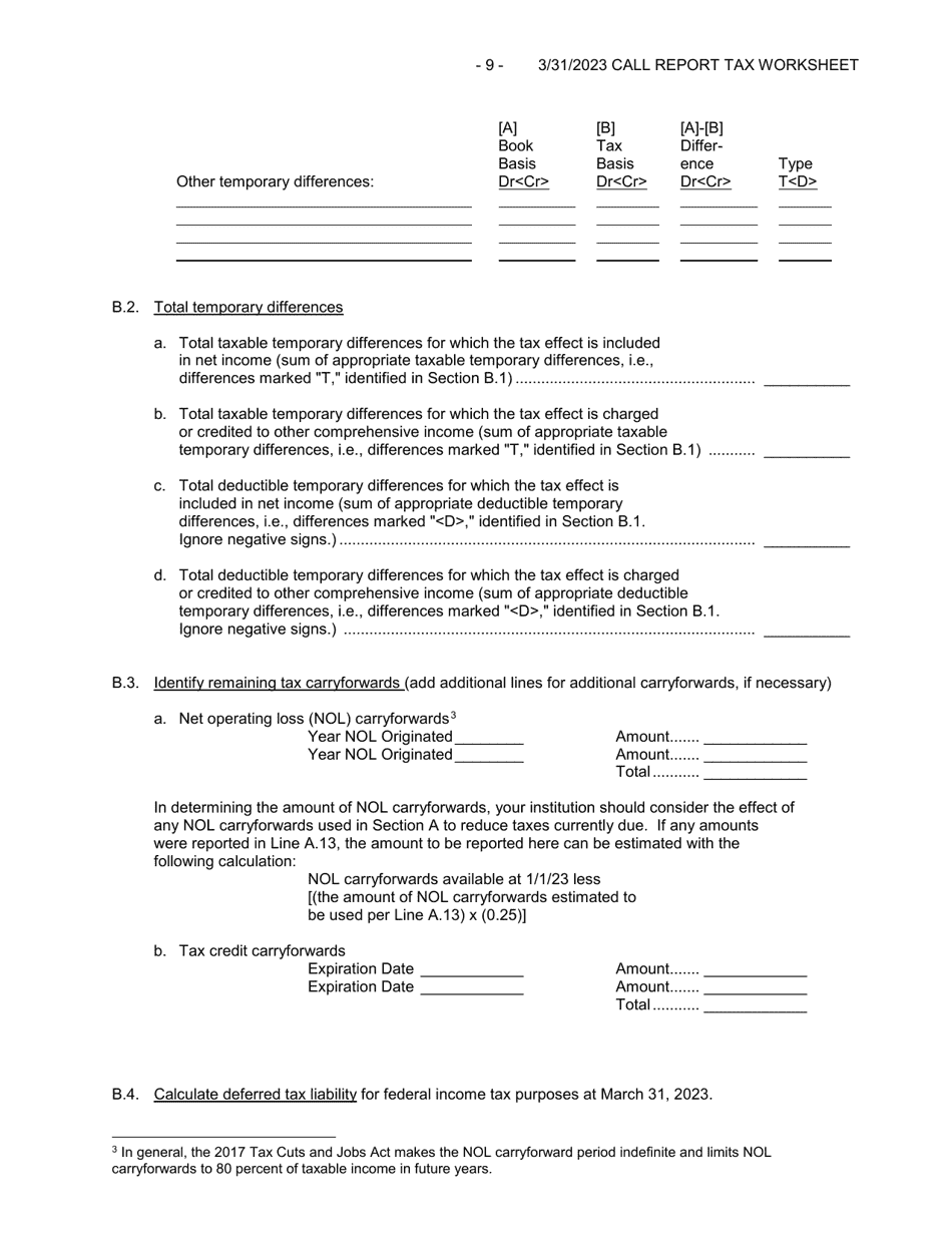 Form FFIEC051 (FFIEC041) Optional Worksheet for Calculating Call Report Applicable Income Taxes, Page 9