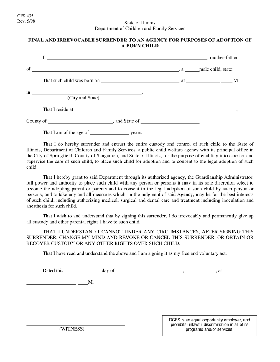 Form CFS435 Final and Irrevocable Surrender to an Agency for Purposes of Adoption of a Born Child - Illinois, Page 1