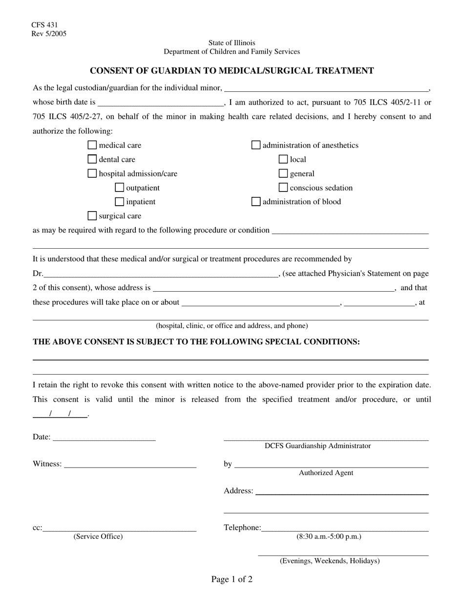Form CFS431 Consent of Guardian to Medical / Surgical Treatment - Illinois, Page 1