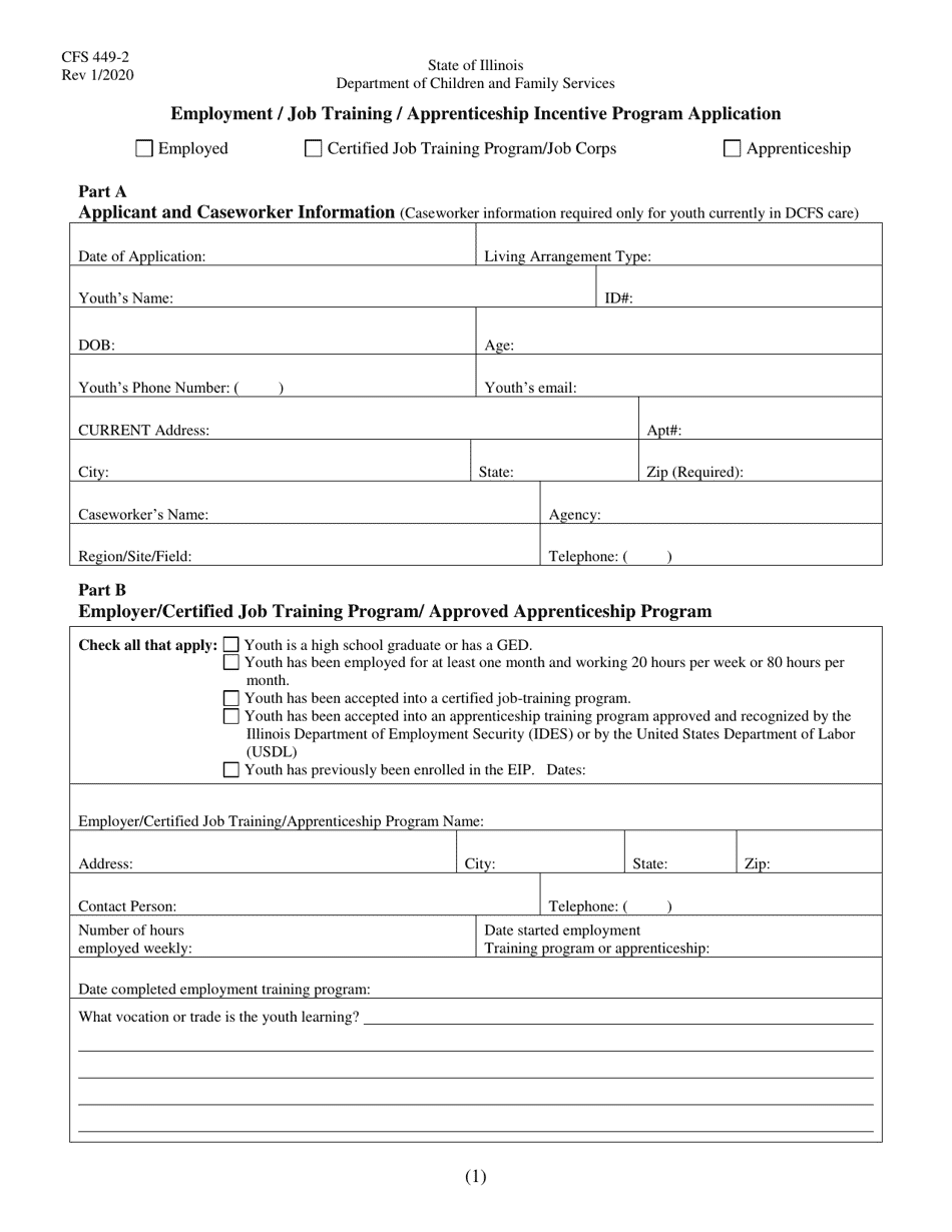 Form CFS449-2 Employment / Job Training / Apprenticeship Incentive Program Application - Illinois, Page 1