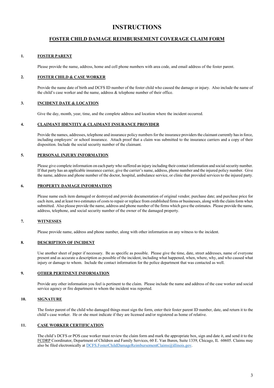 Form CFS851 Foster Child Damage Reimbursement Program Claim Form - Illinois, Page 3