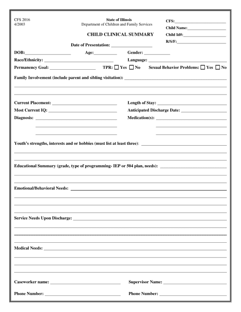 Form CFS2016 Child Clinical Summary - Illinois