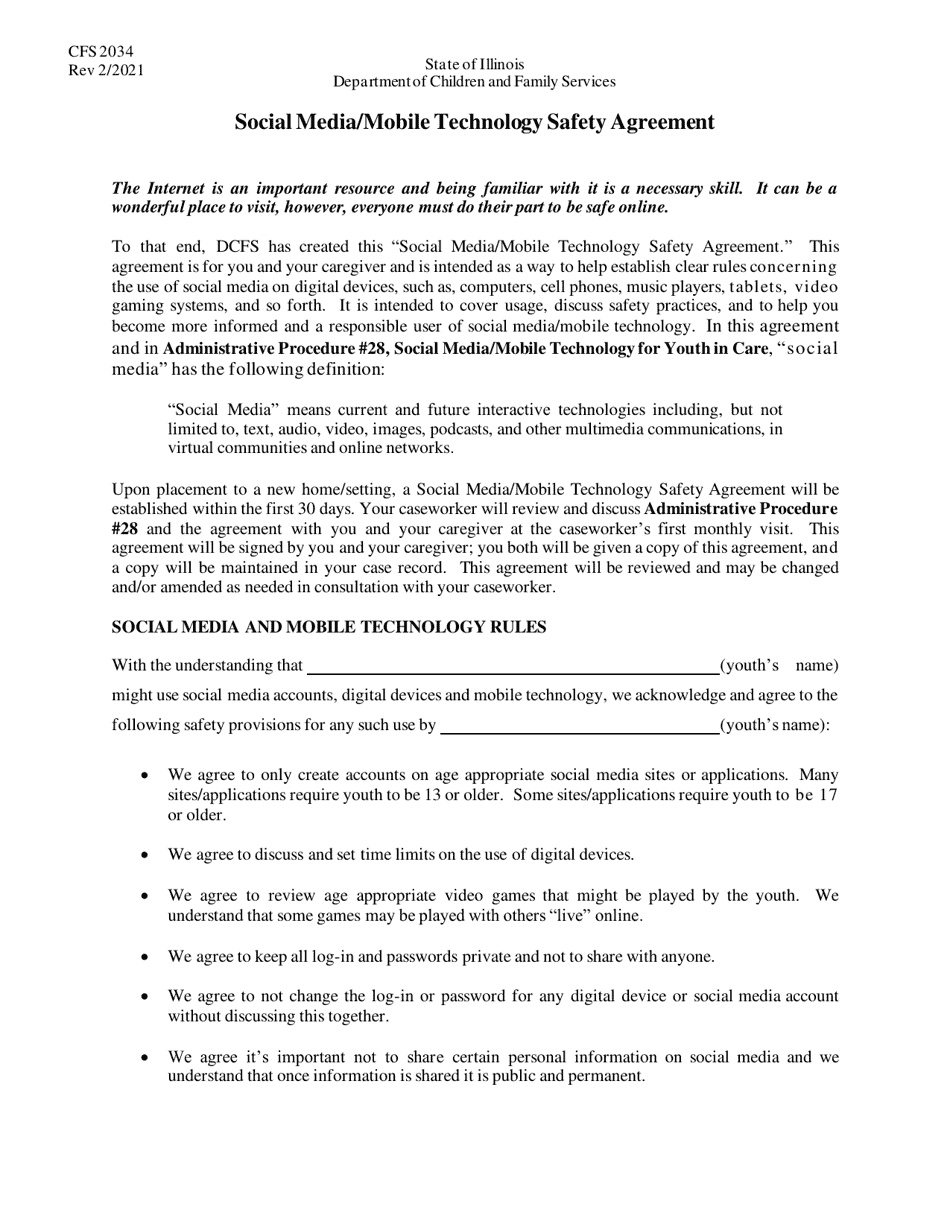 Form CFS2034 Social Media / Mobile Technology Safety Agreement - Illinois, Page 1
