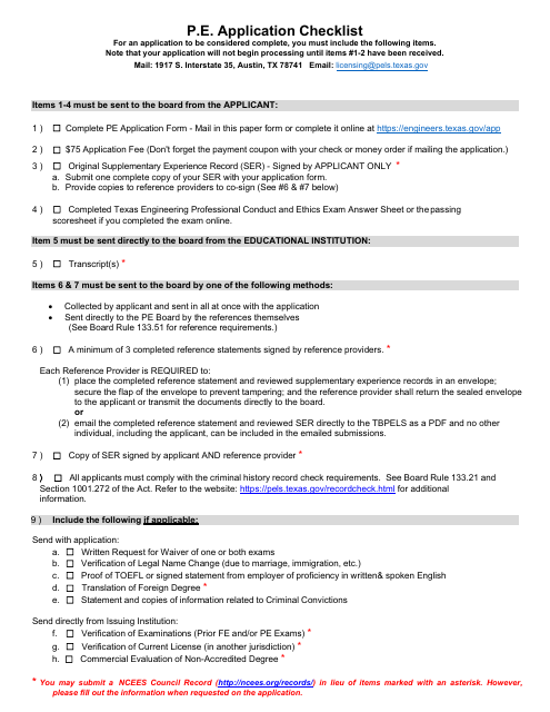 P.e. Application Checklist - Texas Download Pdf