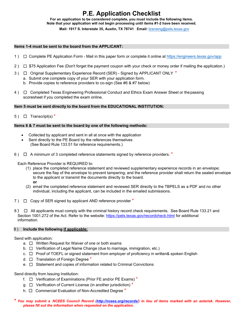 P.e. Application Checklist - Texas, Page 1